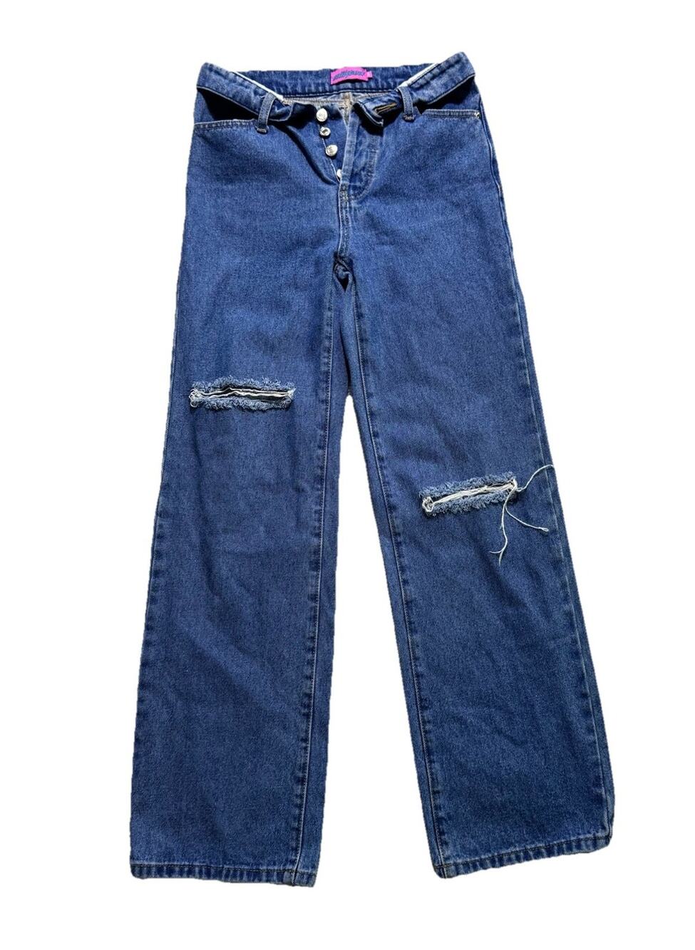 Edikted Womens Foldover Waist Button Fly Denim Jeans Distressed XS Juniors